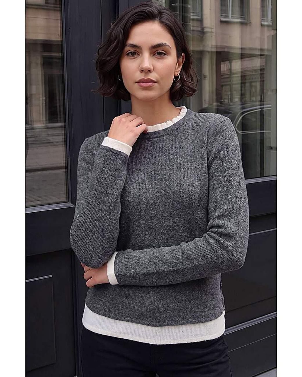 Roman Gray Roman Frill Contrast Stretch Jersey Top