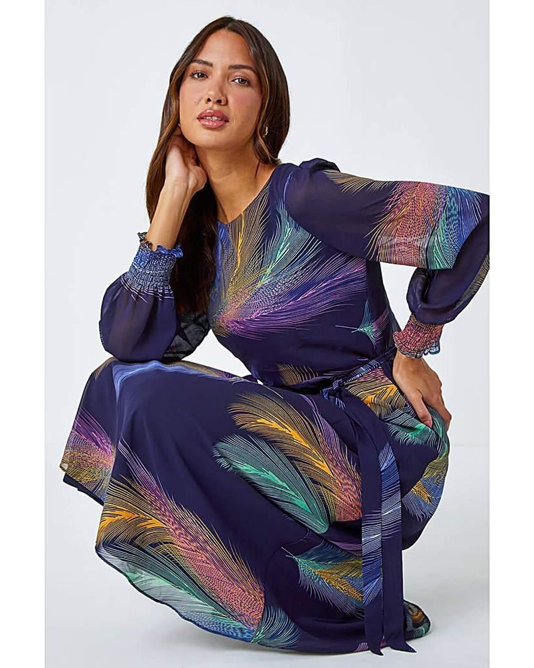 Roman Blue Roman Feather Print Belted Midi Dress