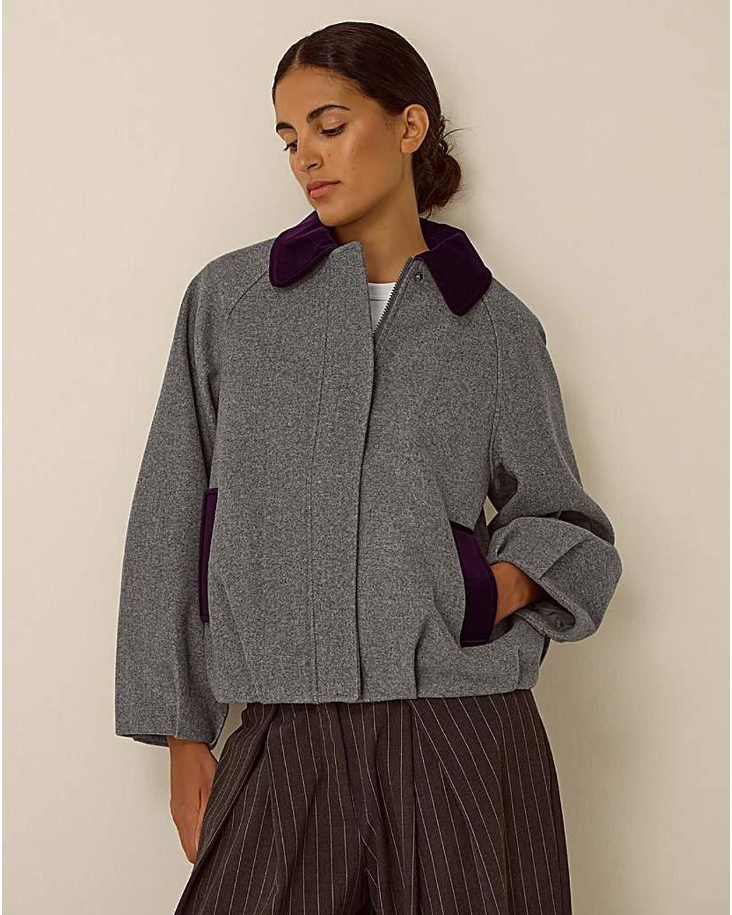 Monsoon Gray Jess Velvet Trim Bomber Jacket