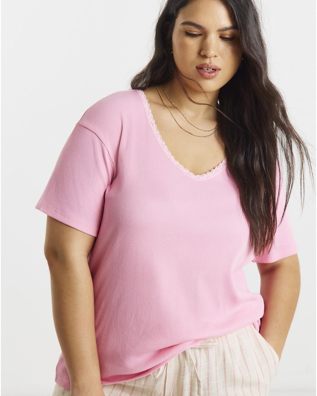 Simply Be Pink Rib V Neck Lace Trim T-Shirt