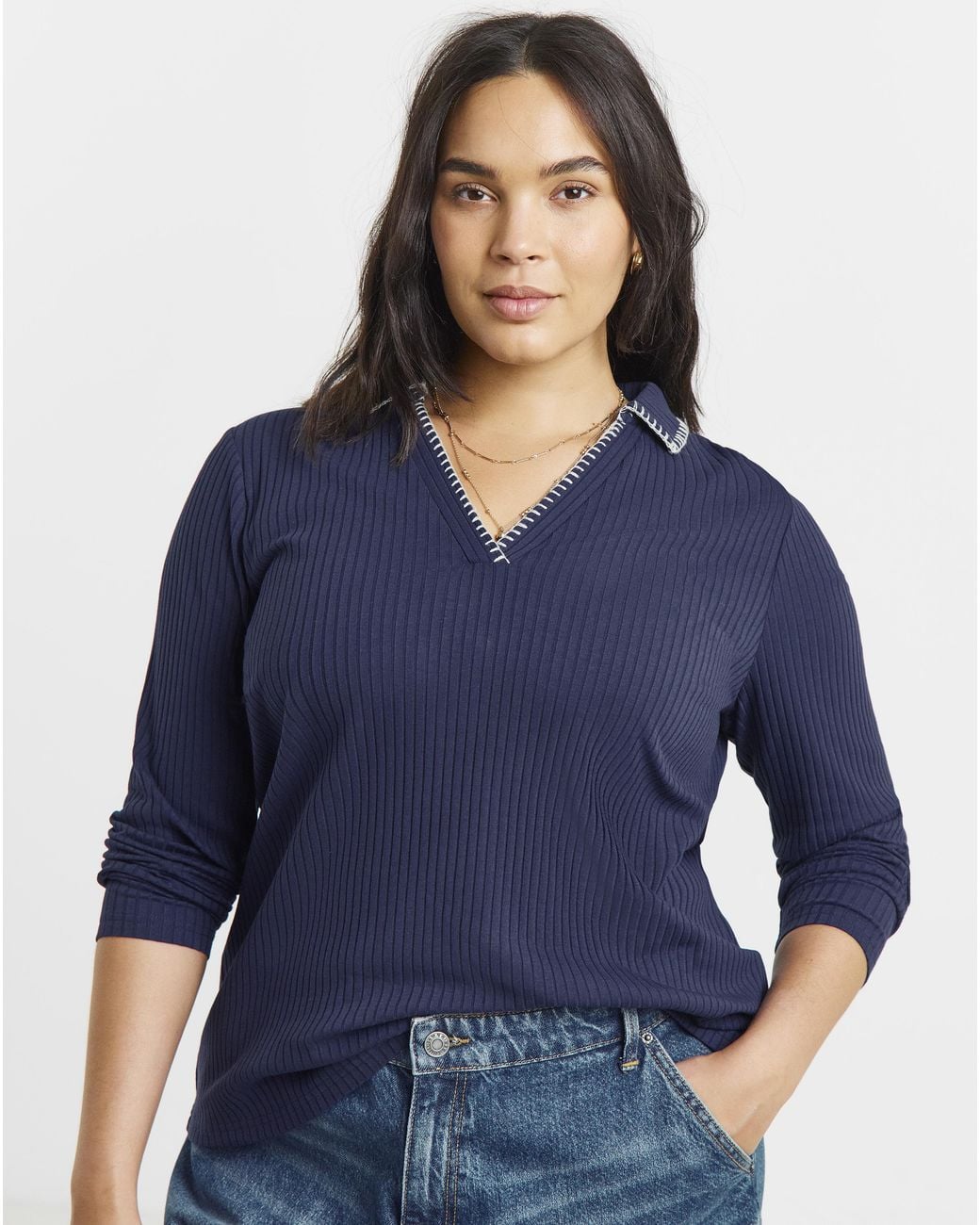 Simply Be Blue Rib Blanket Stitch Polo