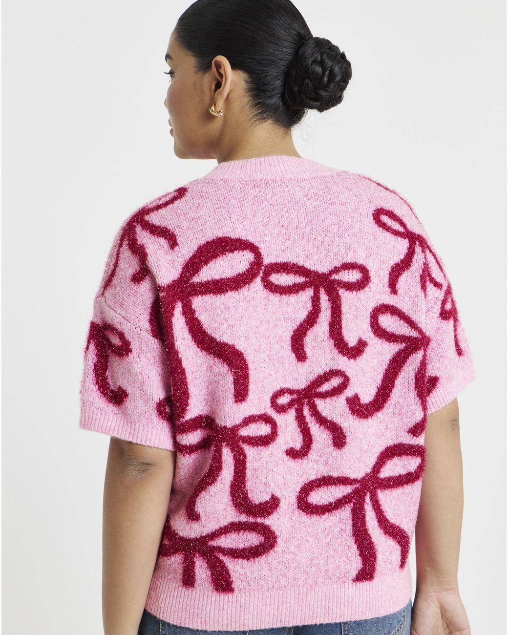 Simply Be Pink Tinsel Bow Short Sleeve Jumper