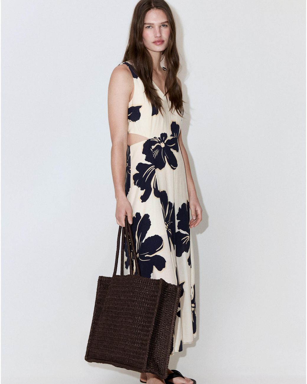 Mango White Floral Print Cut-Out Dress