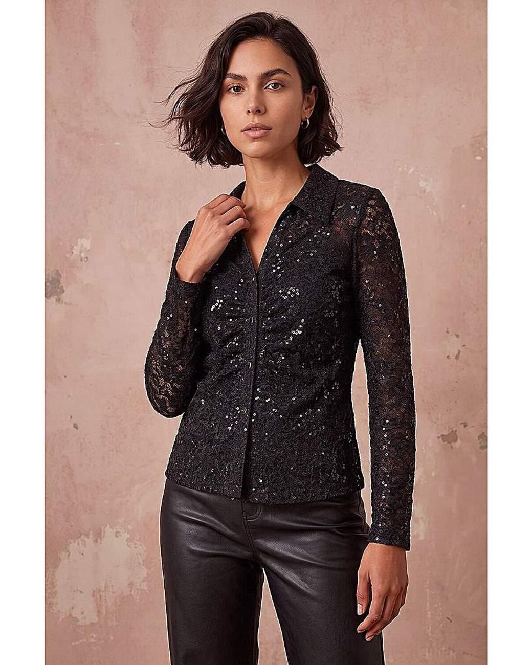 Roman Black Roman Sequin Lace Collared Blouse