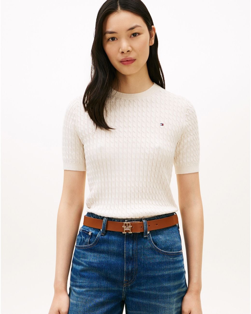 Tommy Hilfiger White Cable Knit Ss Sweat