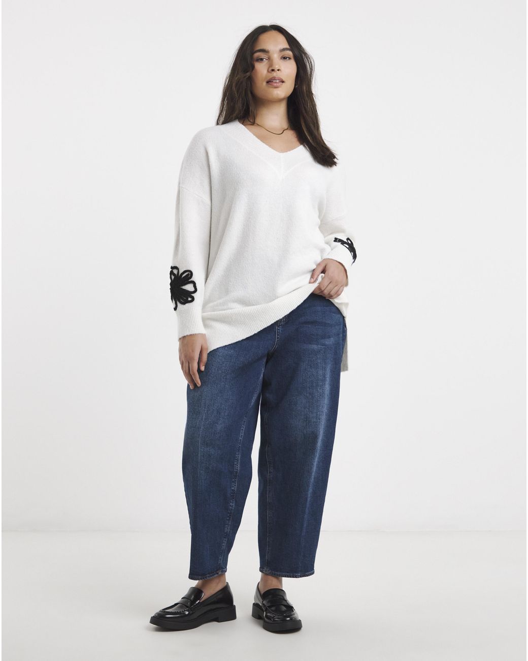 Simply Be White Floral Embroidered Sleeve Tunic