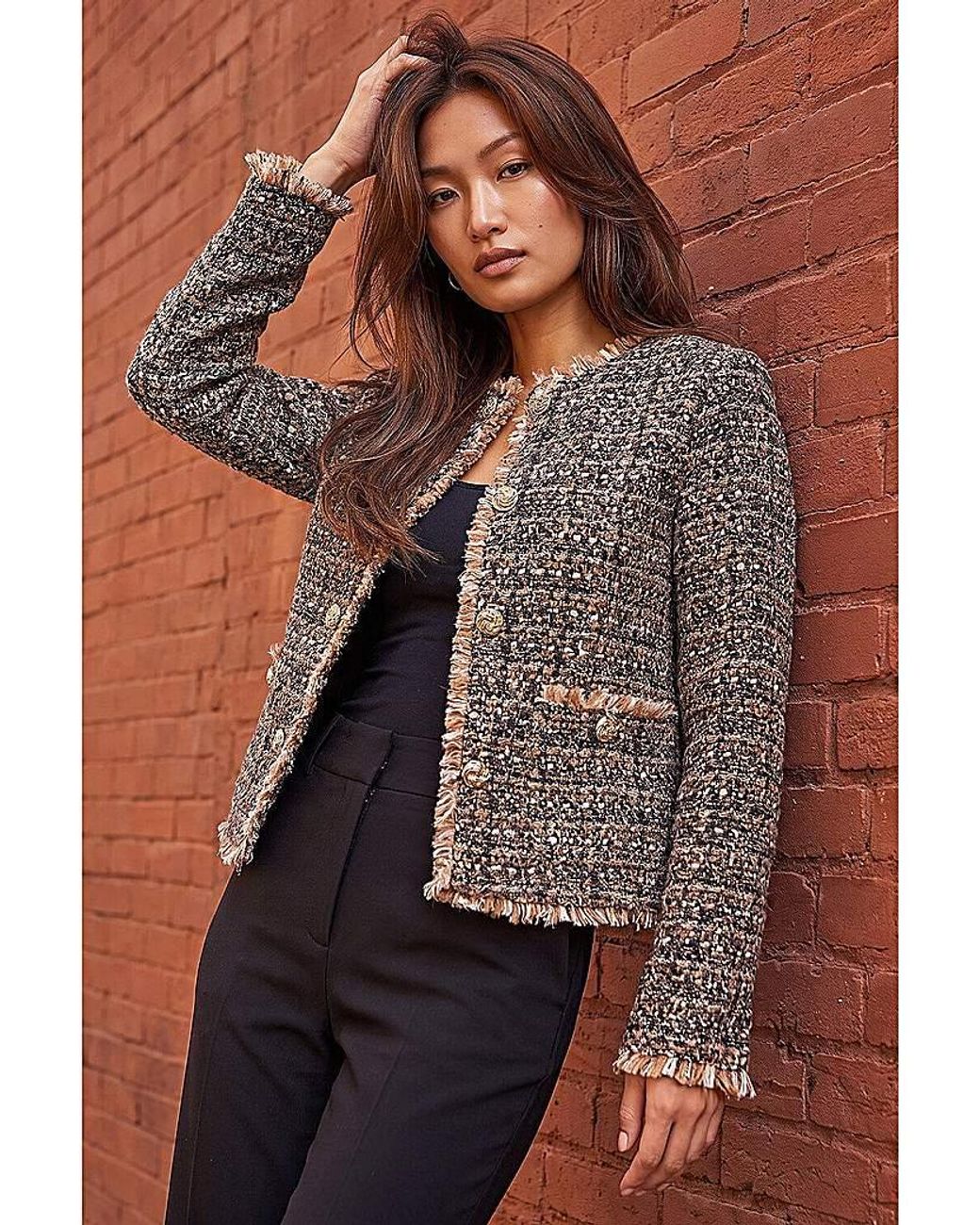 Roman Brown Roman Boucle Frayed Edge Jacket