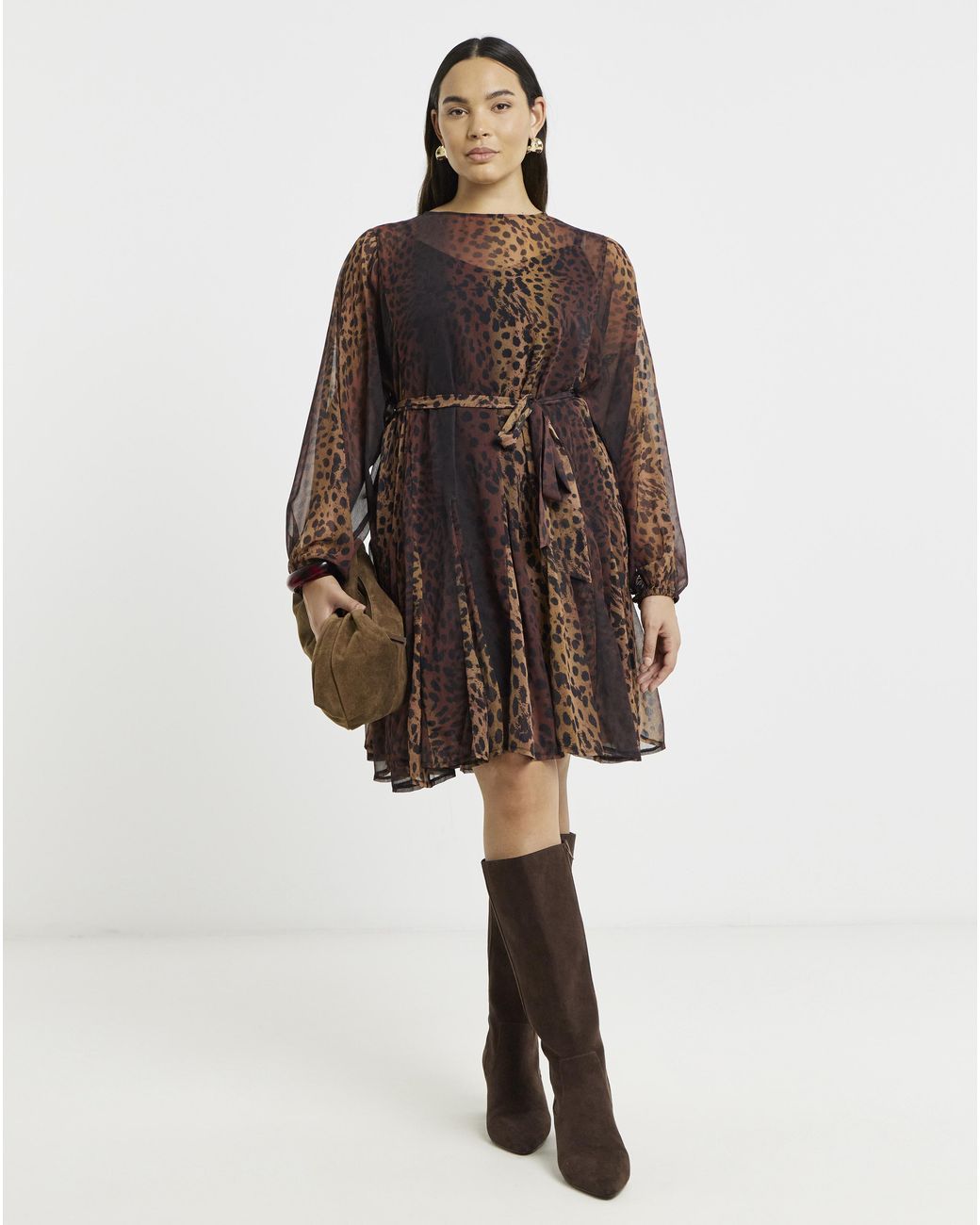 Simply Be Brown Print Skater Dress With Godet