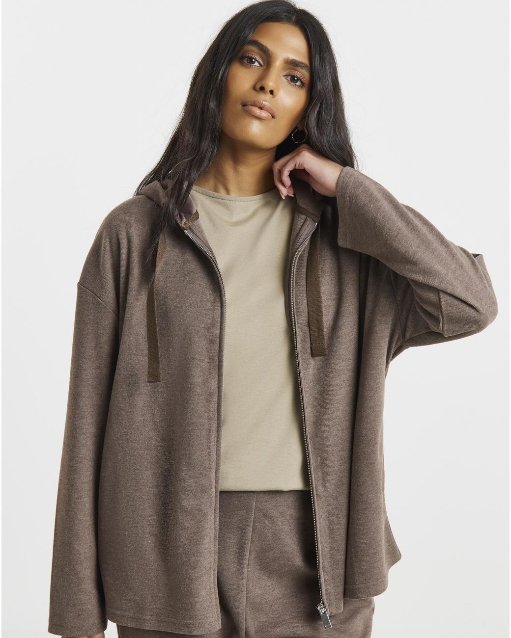 Simply Be Brown Cut & Sew Rib Zip Hoodie