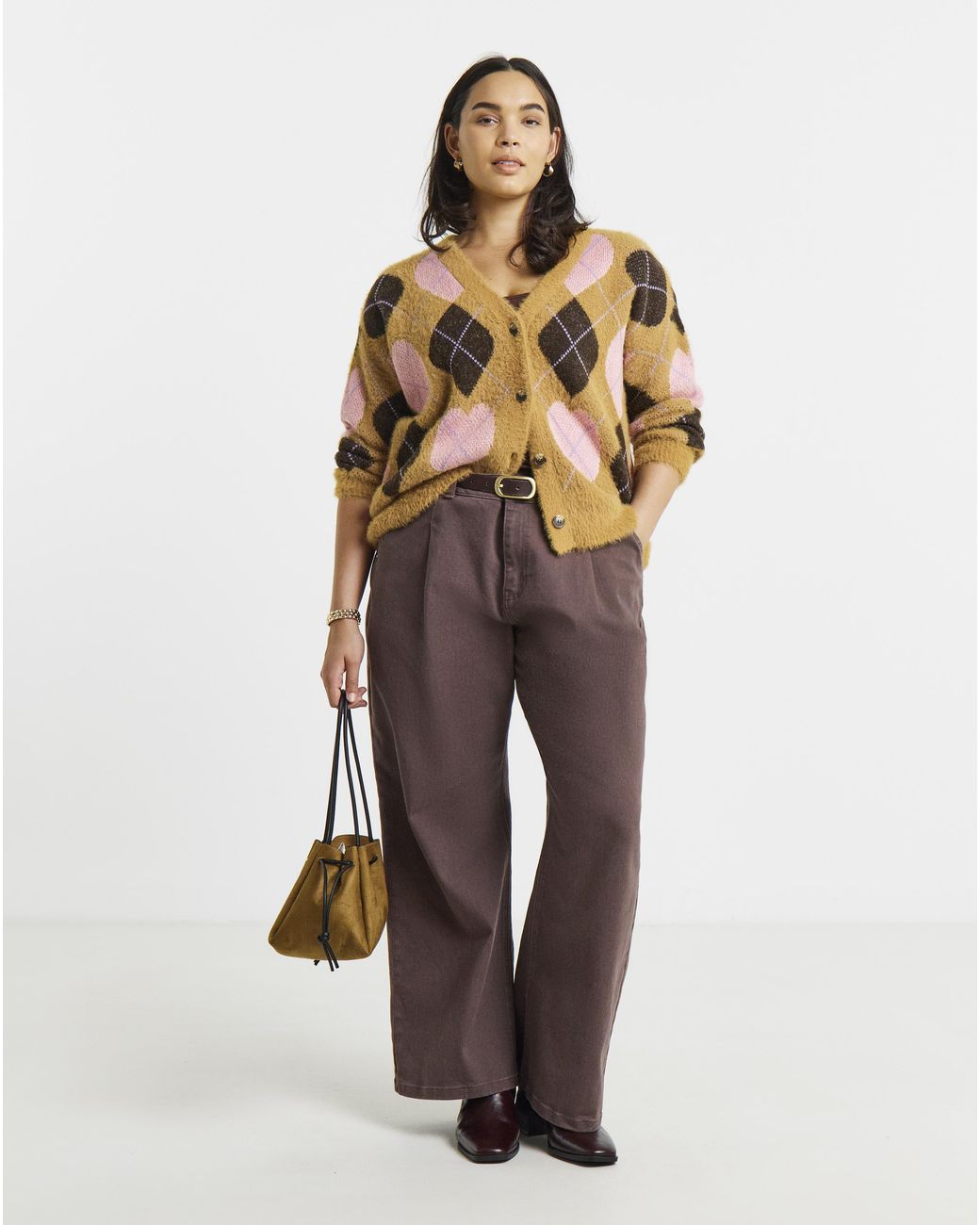 Simply Be Brown Heart Argyle Fluffy Cardigan