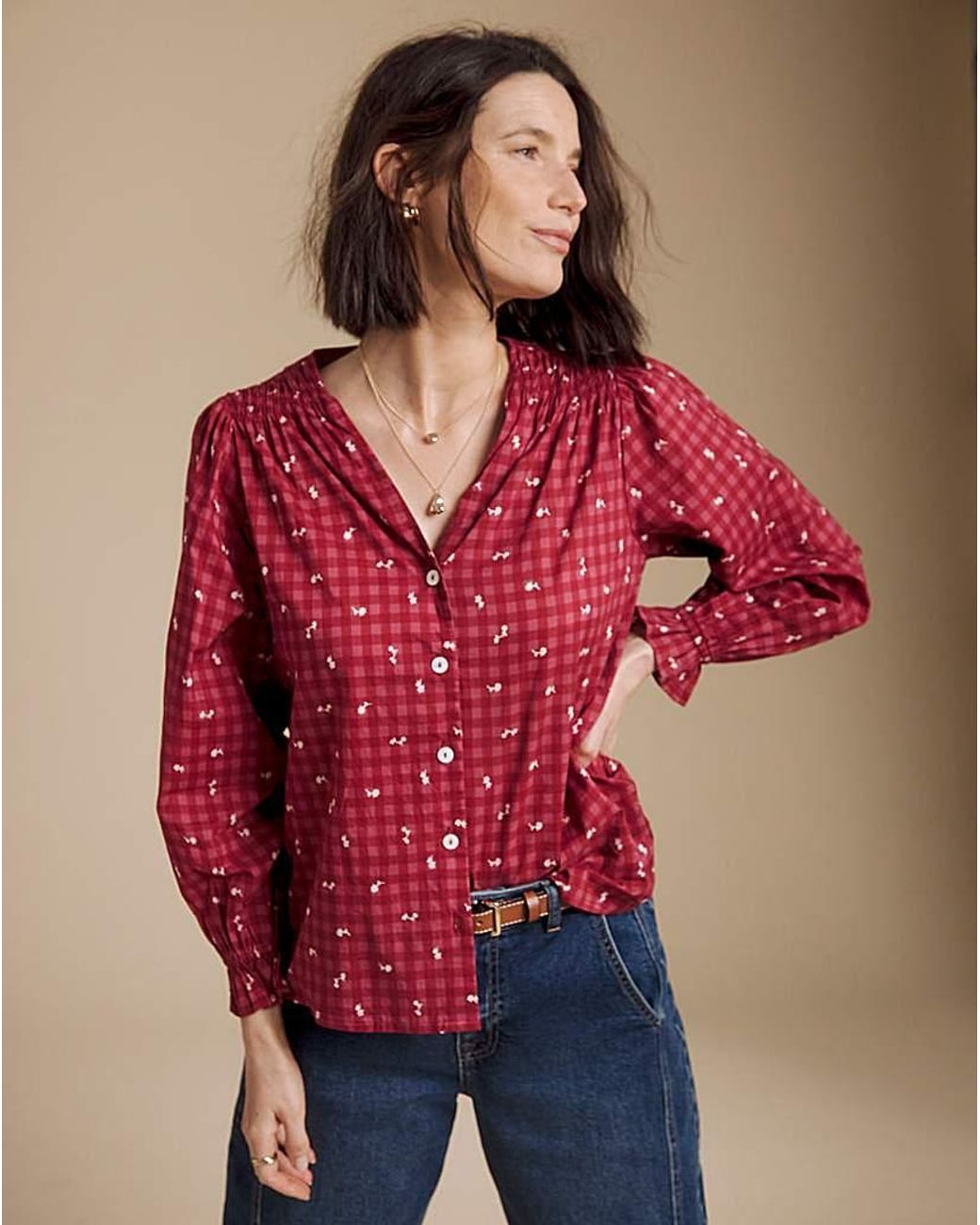 Julipa Red Button Down Check Blouse