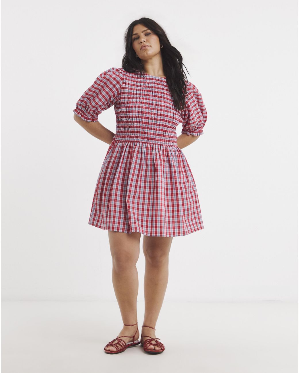 Simply Be Pink Shirred Check Smock Dress