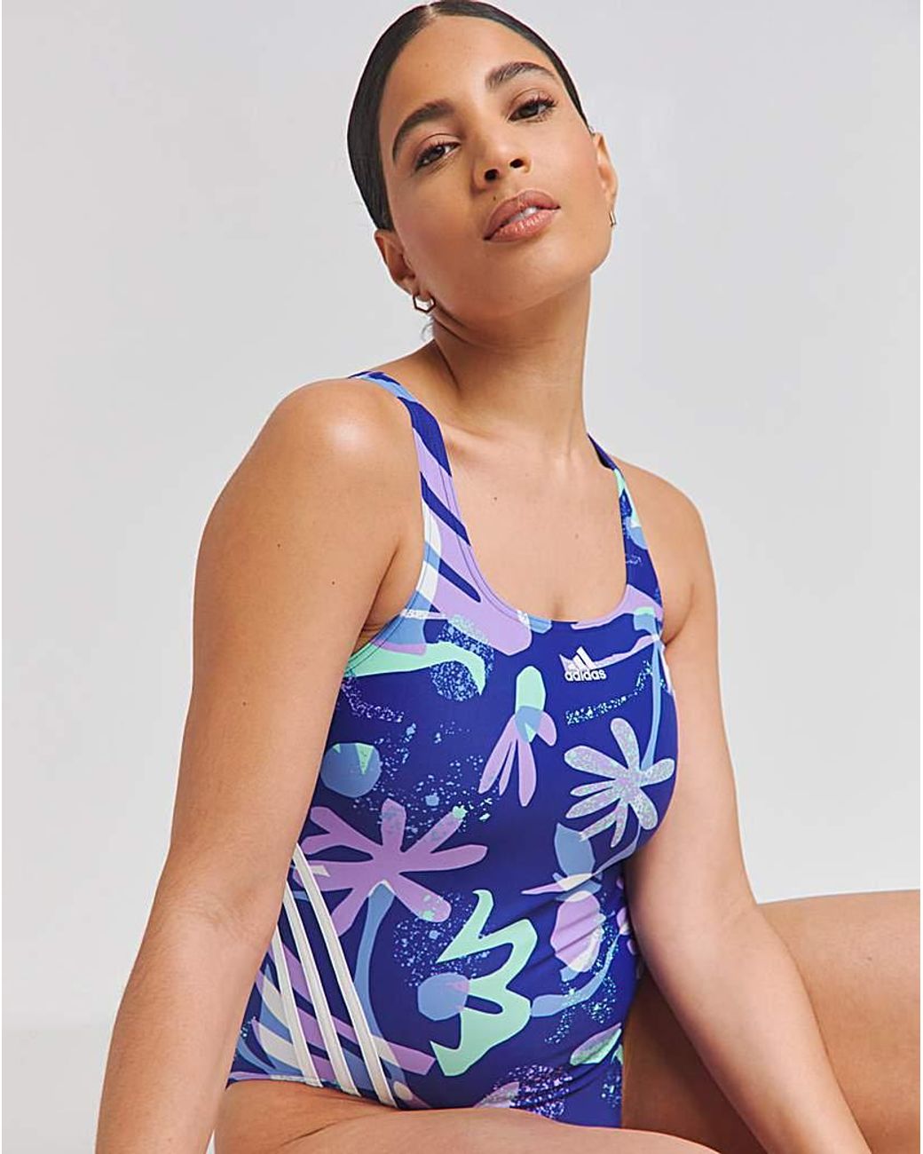 Adidas Blue Floral 3 Stripes Swimsuit