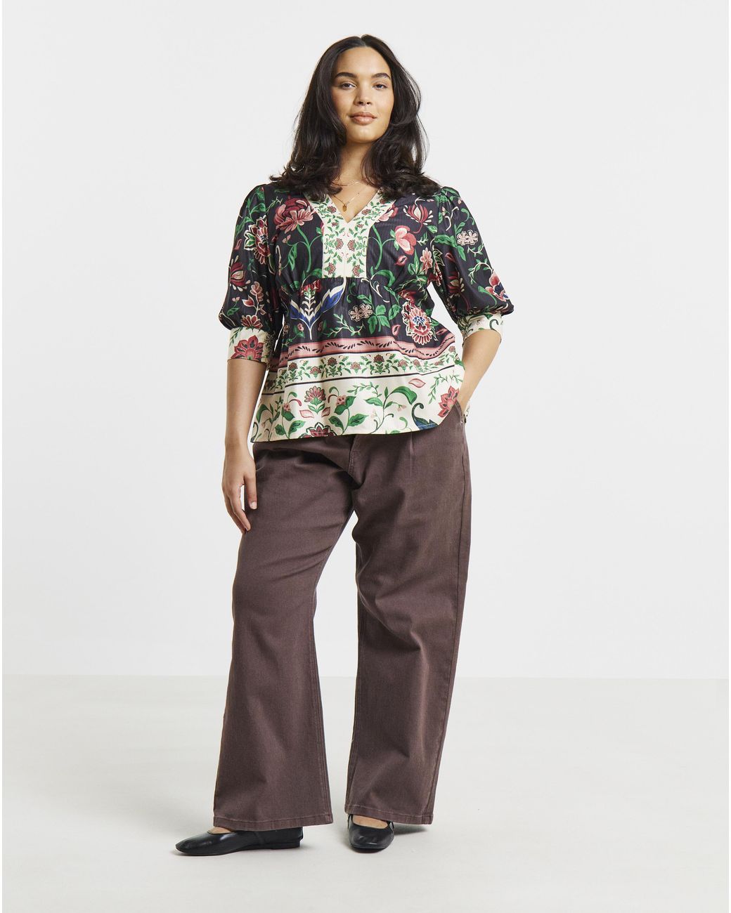 Simply Be Multicolor Border Print Puff Sleeve Top