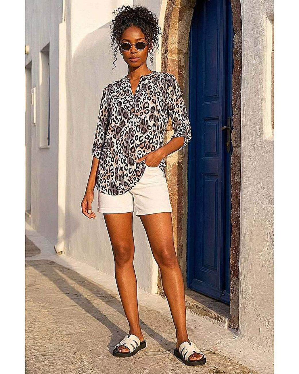 Roman Blue Roman Animal Print Stretch Blouse