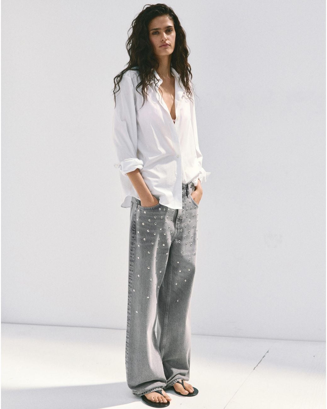 Mango Gray Regular Waist Studded Jeans