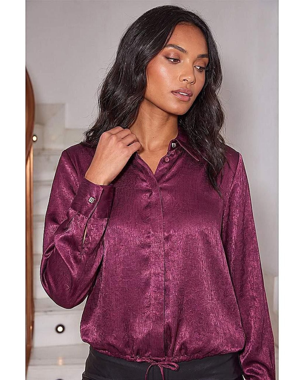 Roman Purple Roman Crinkle Satin Tie Hem Shirt