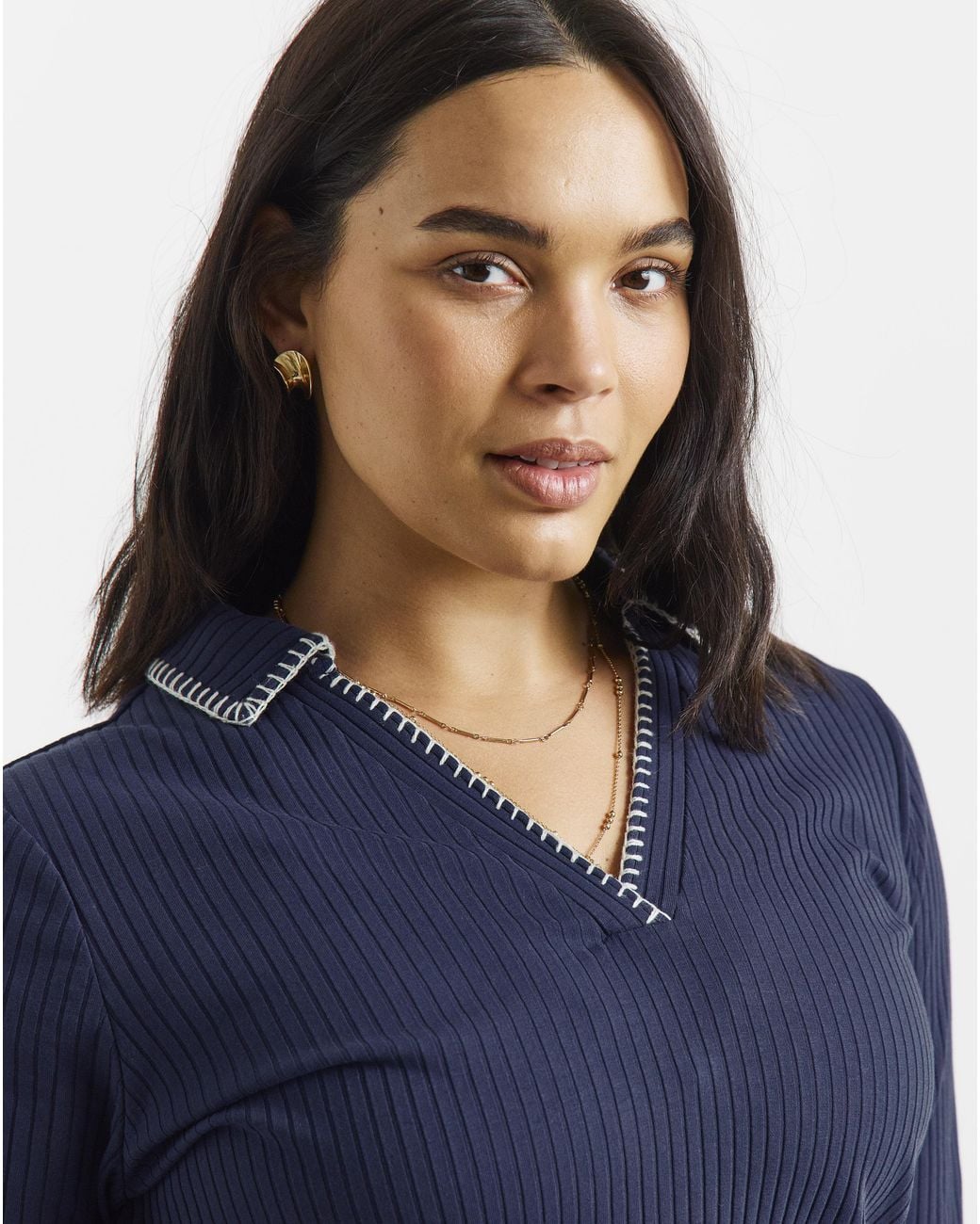 Simply Be Blue Rib Blanket Stitch Polo