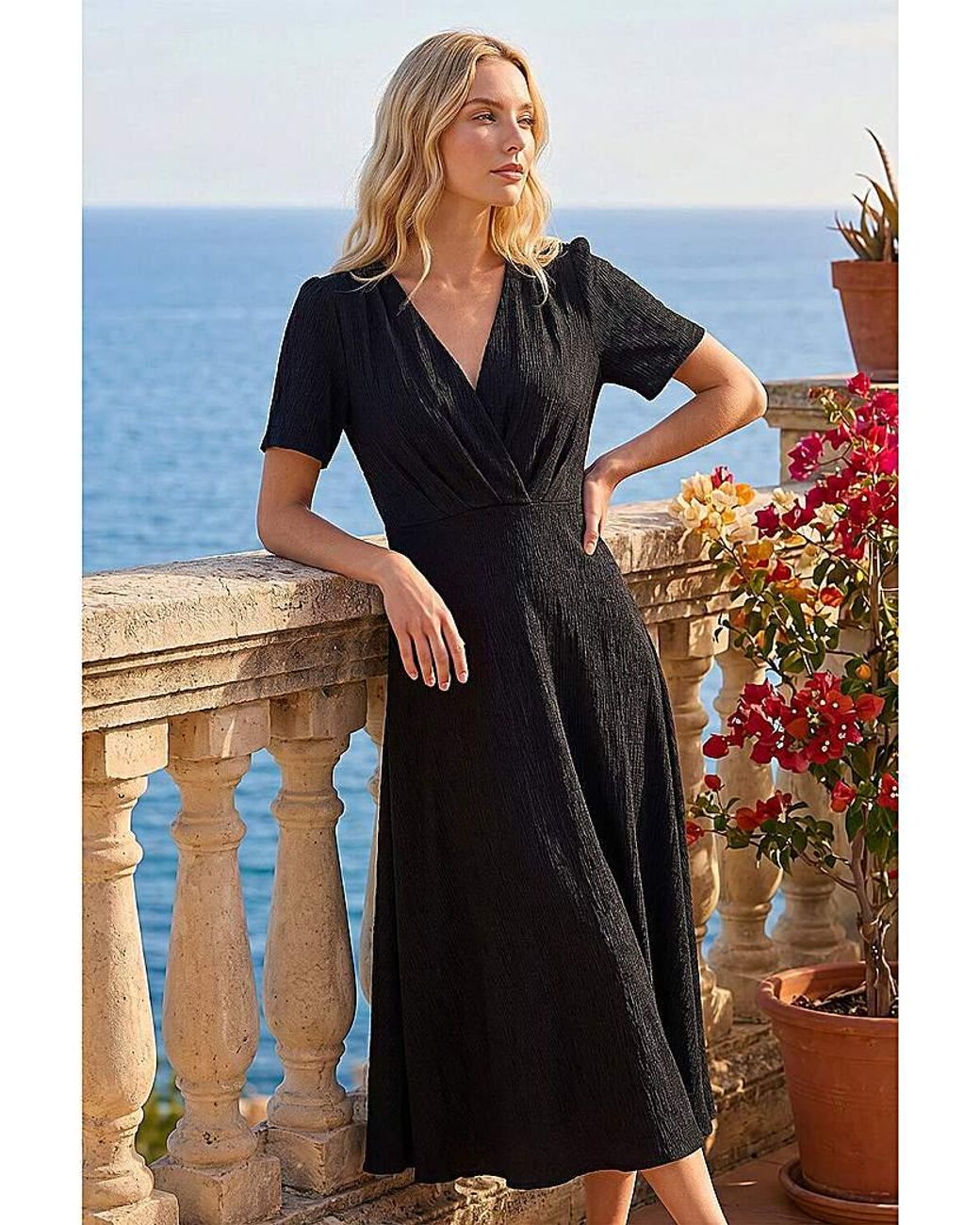 Roman Black Roman Textured Wrap Bodice Midi Dress