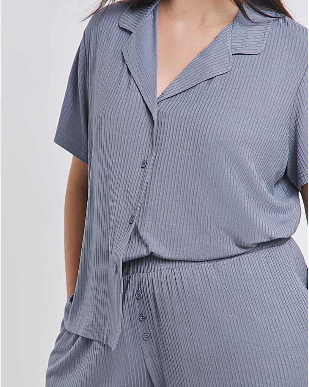 Simply Be Blue Brushed Modal Rib Button Through Pj Set