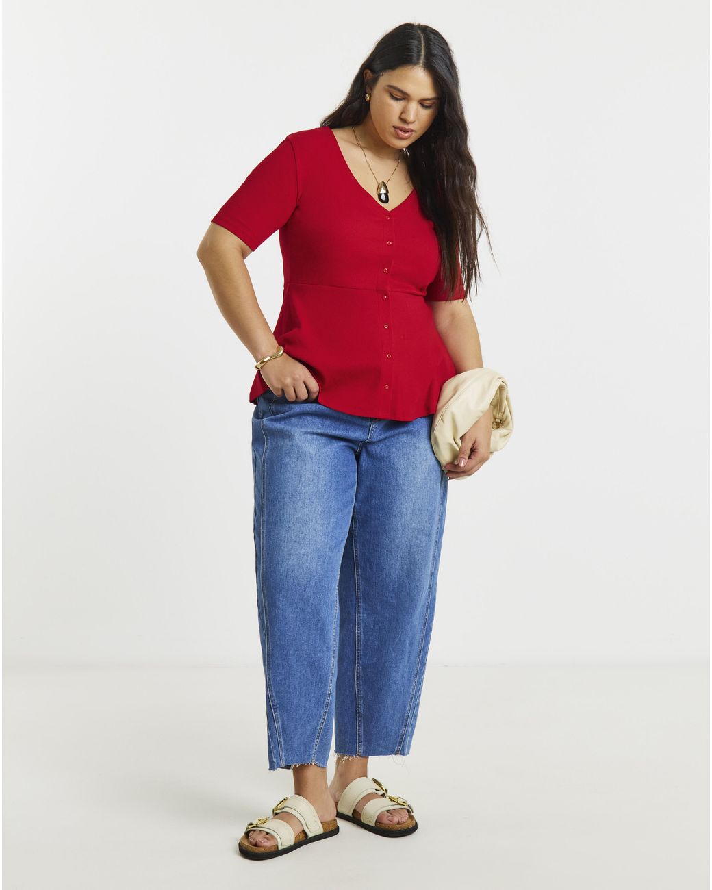 Simply Be Red Button Through Peplum Top