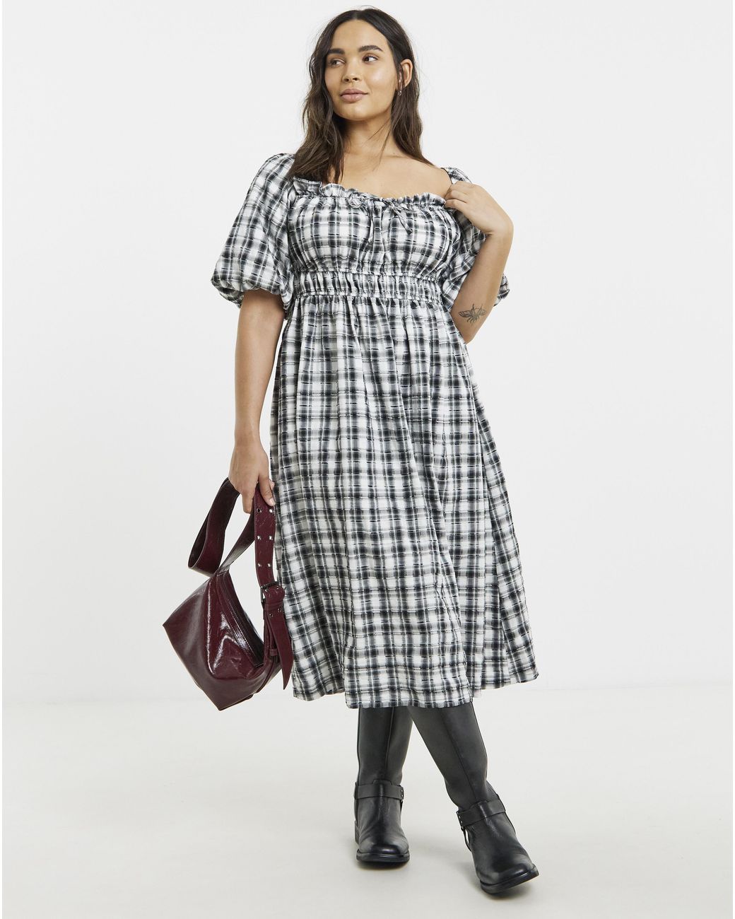Simply Be White Mono Check Midi Dress