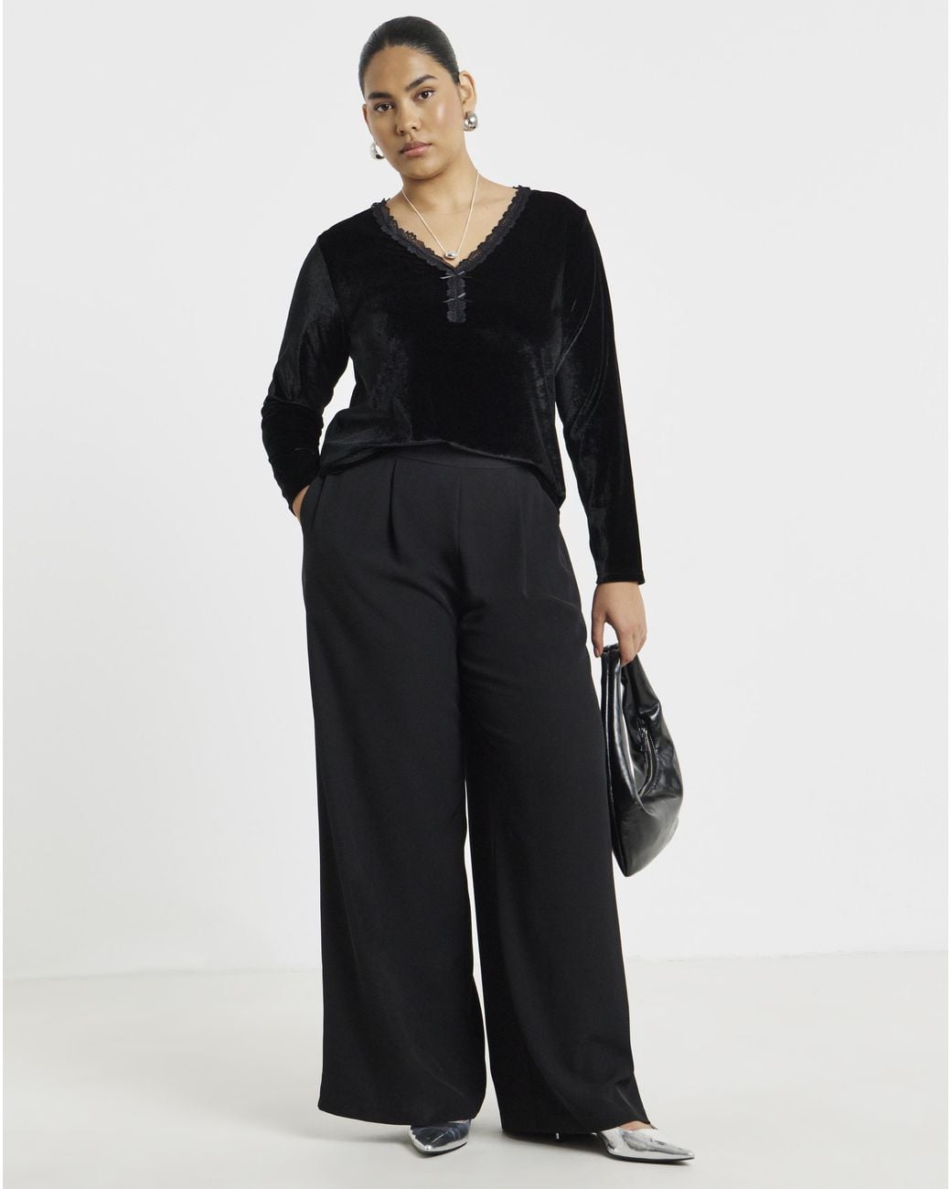 Simply Be Black Velvet Lace Trim Top