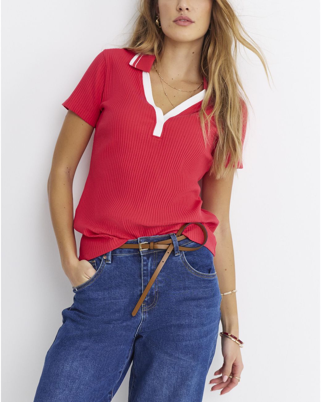 Simply Be Red Polo Collar Short Sleeve Top
