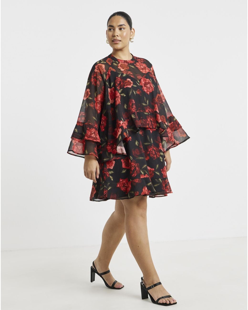 Simply Be Red Rose Print Frill Skater Dress