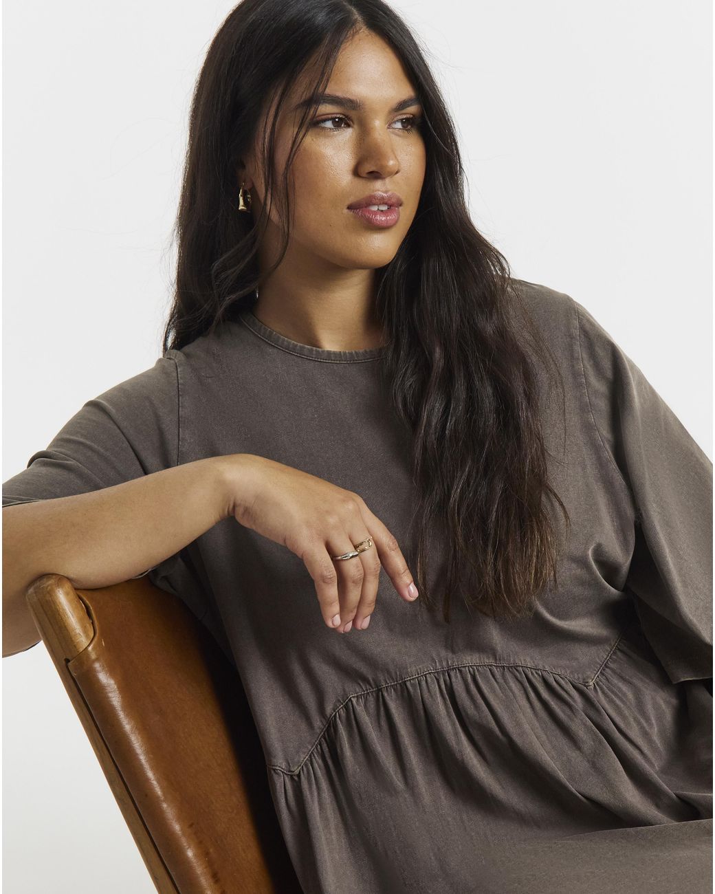 Simply Be Brown Acid Wash Boxy Sleeve Midi Dress