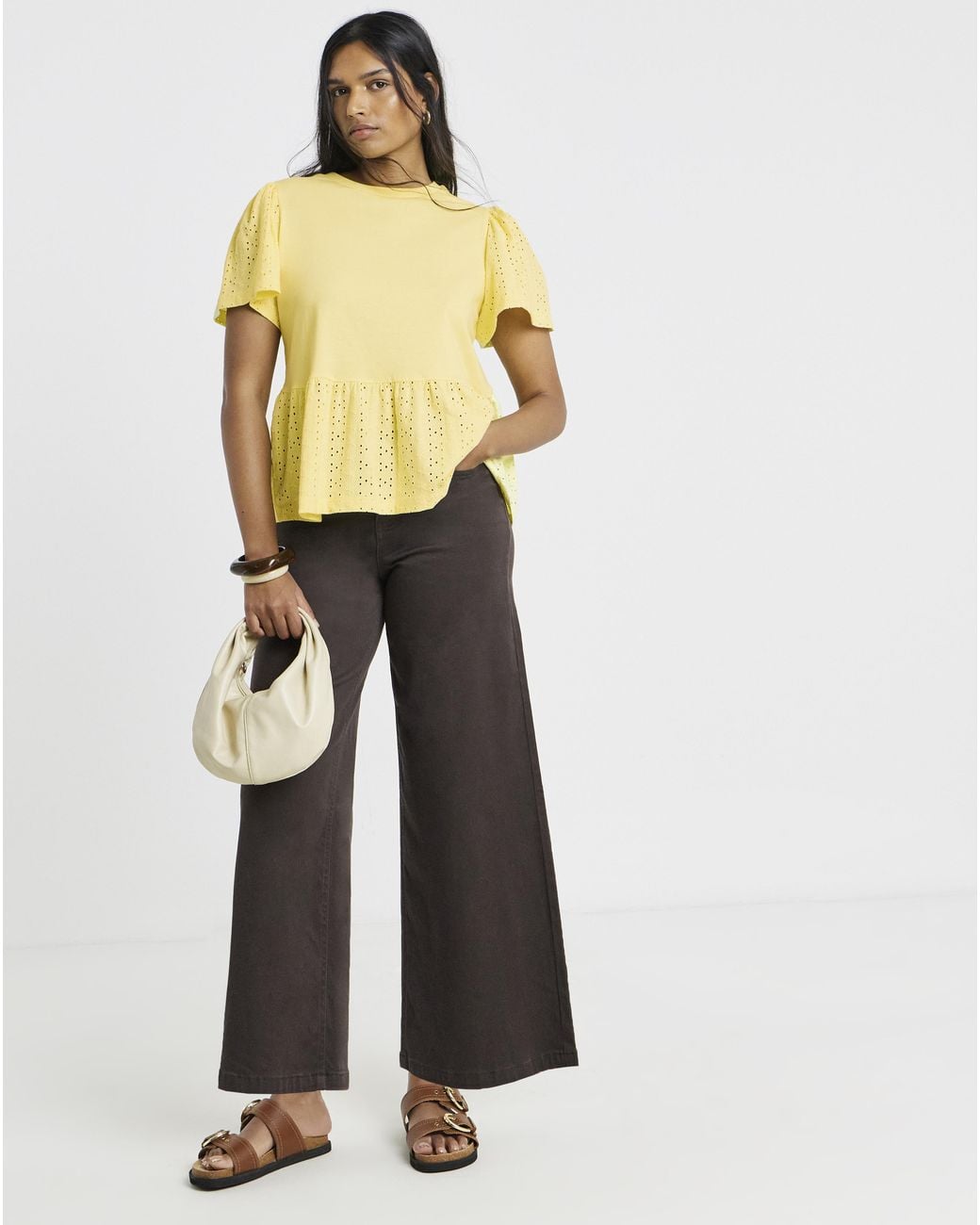 Simply Be Yellow Crew Neck Peplum Broderie Top