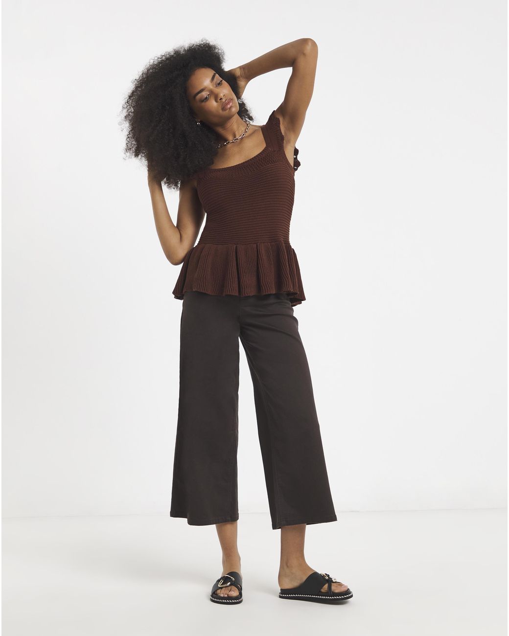 Simply Be Brown Crochet Square Neck Frill Top