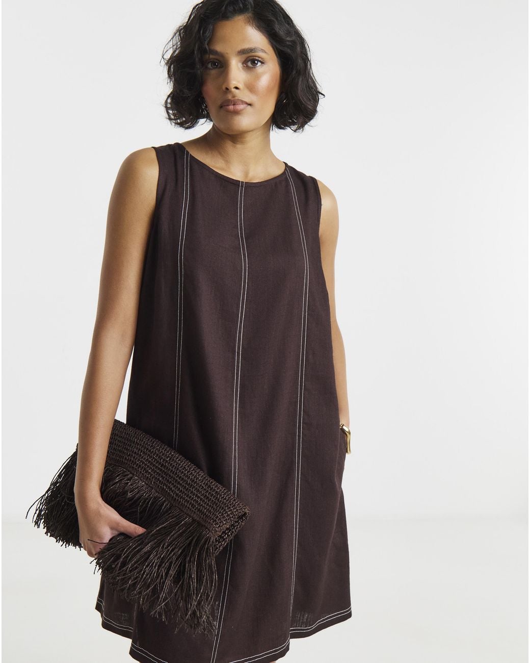 Simply Be Brown Linen Swing Dress With Ecru Stitching