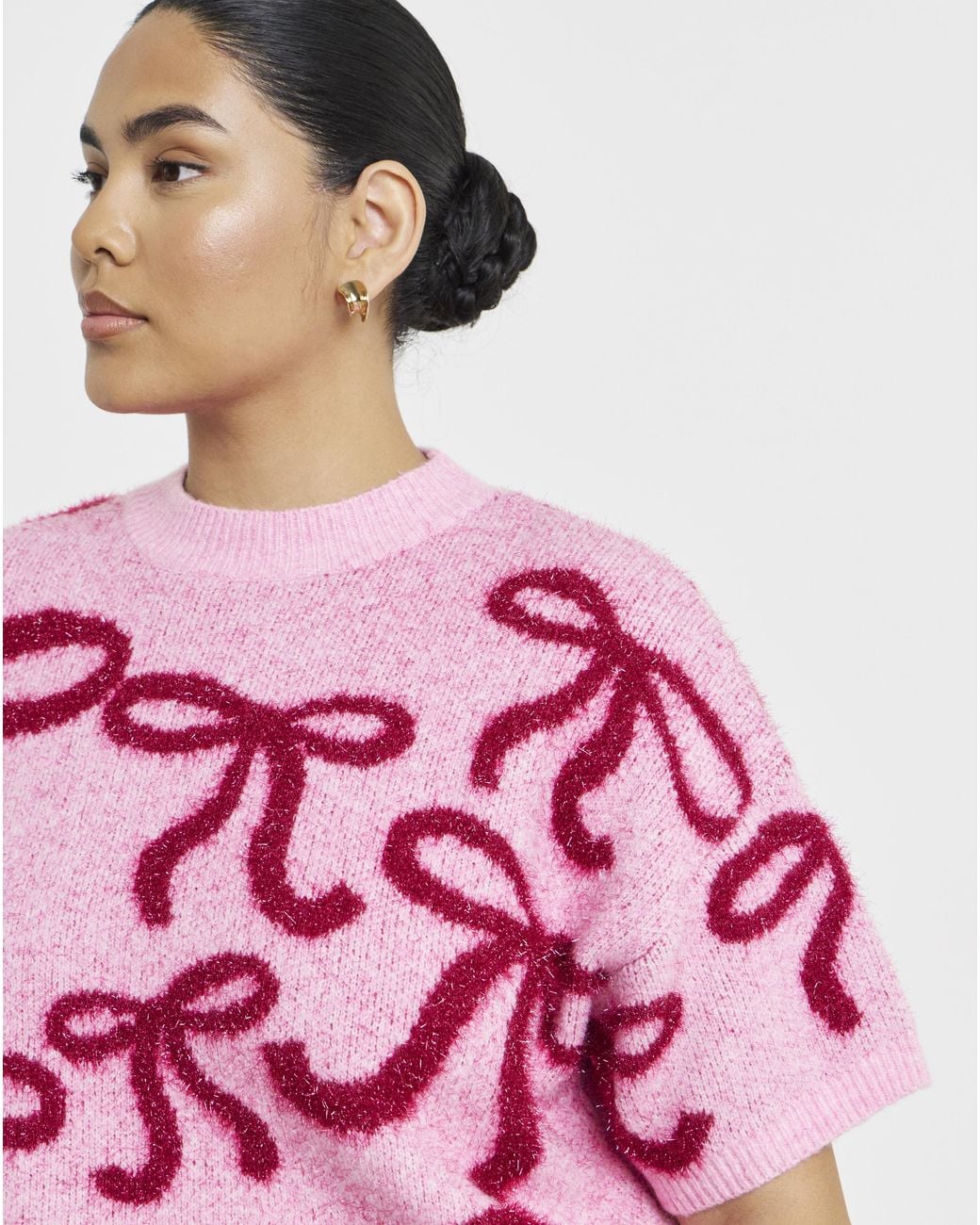 Simply Be Pink Tinsel Bow Short Sleeve Jumper