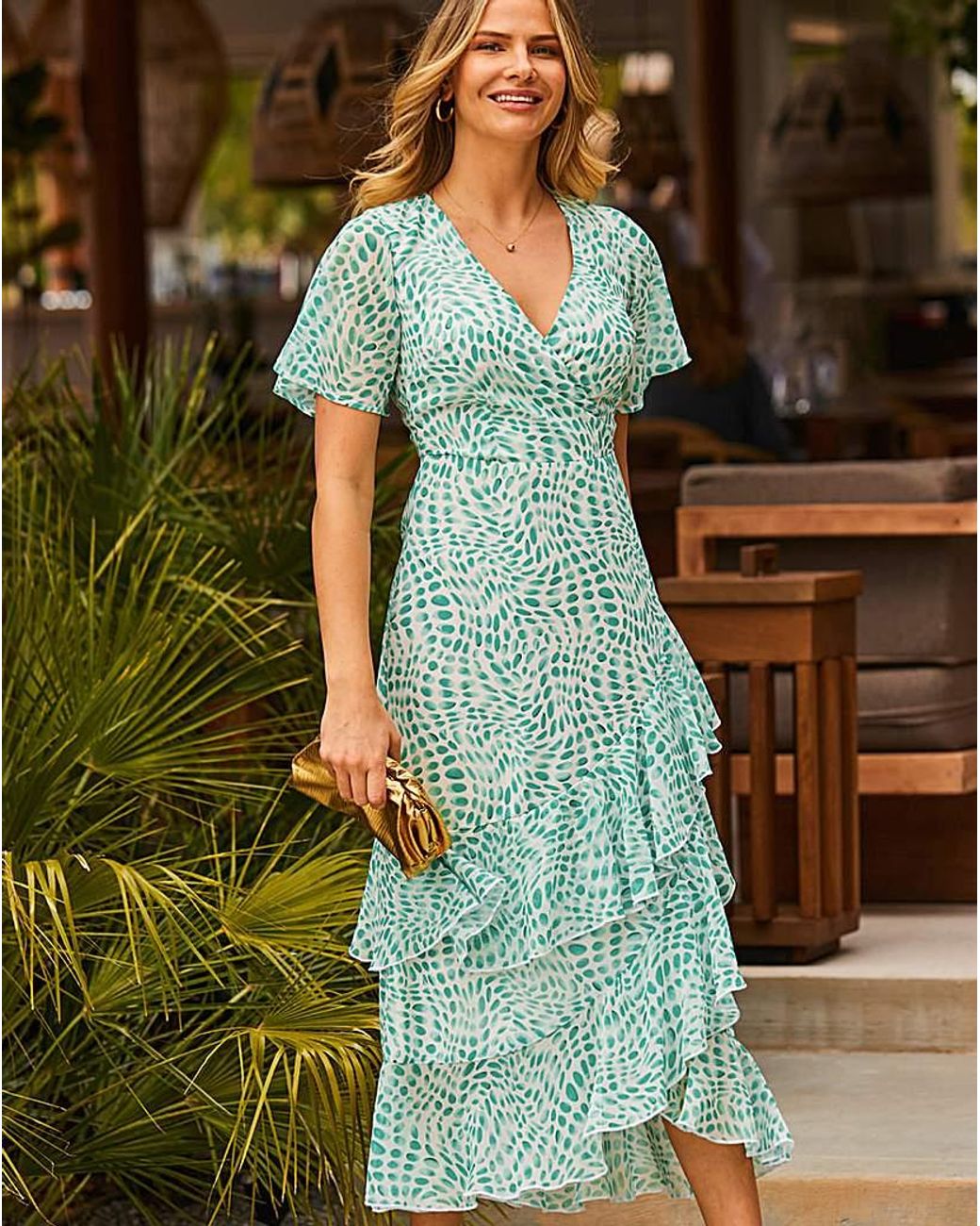 Sosandar Green Chiffon Ruffle Midi Dress
