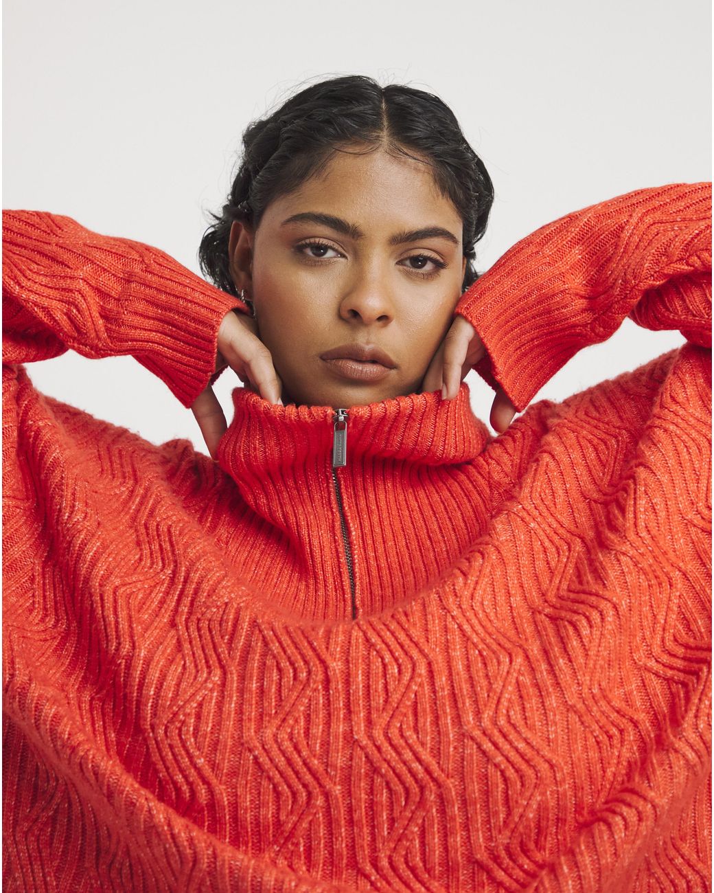 Native Youth Red Funnel Neck Cable Jumper