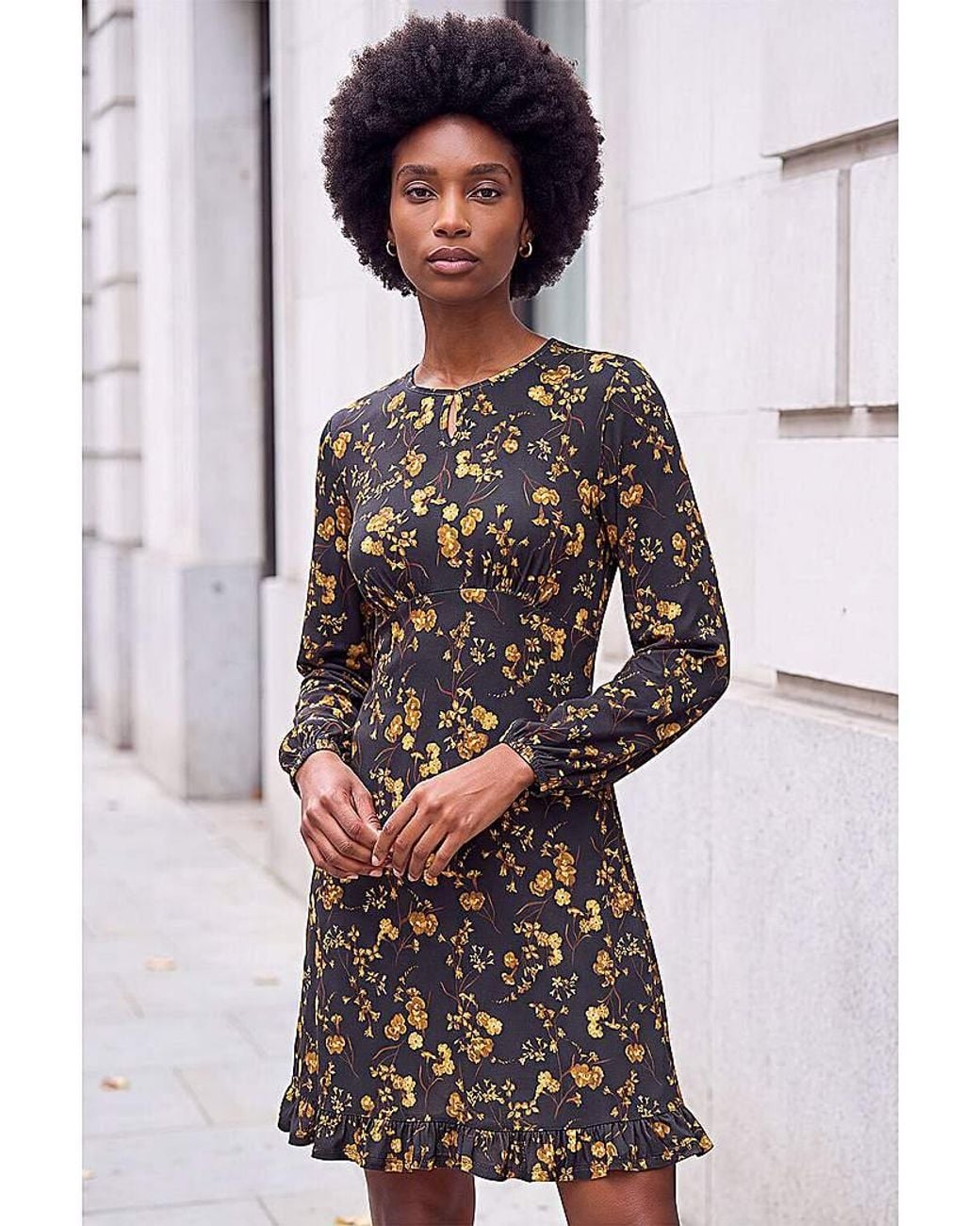 Roman Gray Roman Floral Print Frill Stretch Dress