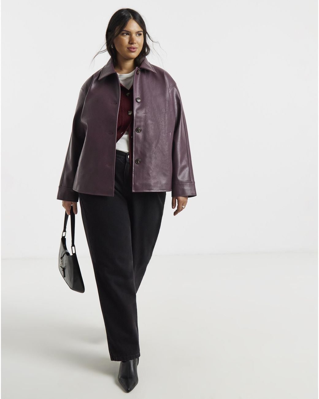 Simply Be Purple Faux Leather Button Shacket