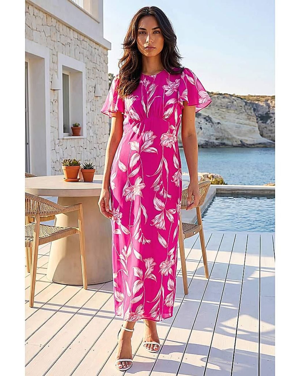 Roman Pink Roman Floral Flutter Sleeve Midi Dress