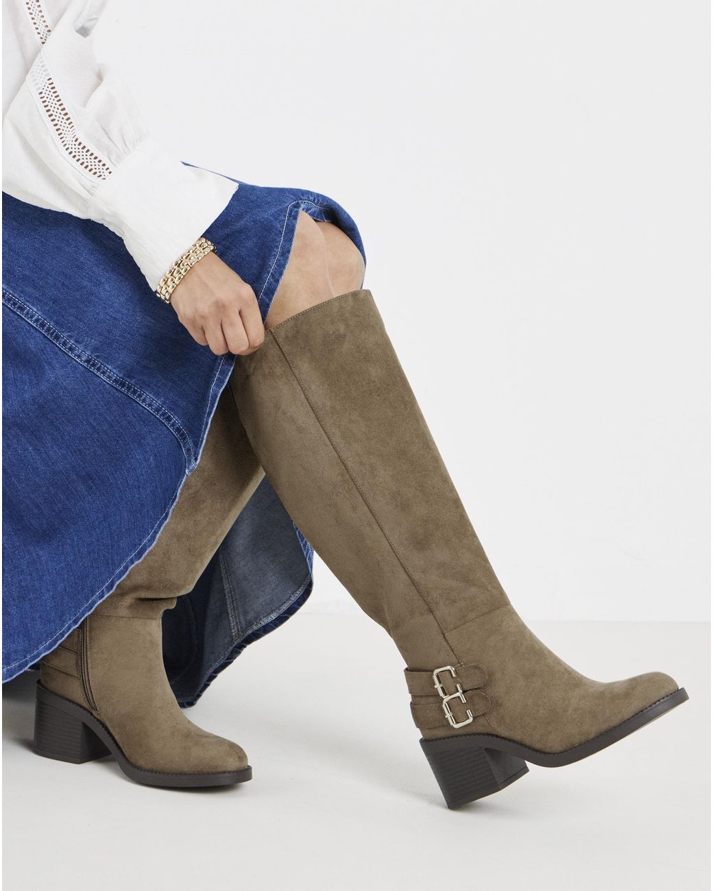 Simply Be Blue Block Heel Knee High Boot Wide C