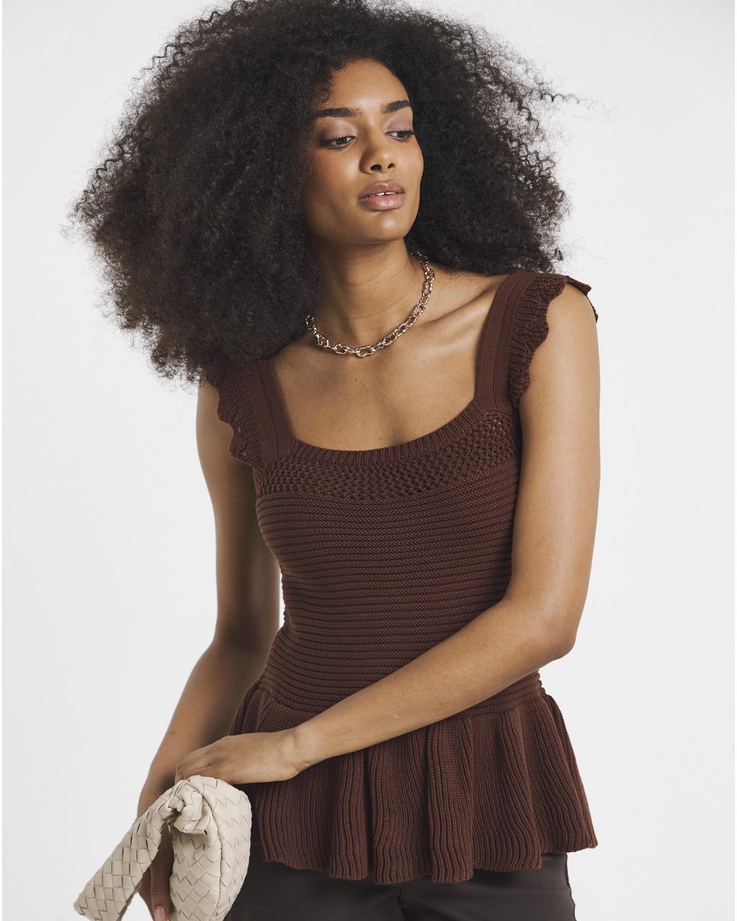 Simply Be Brown Crochet Square Neck Frill Top
