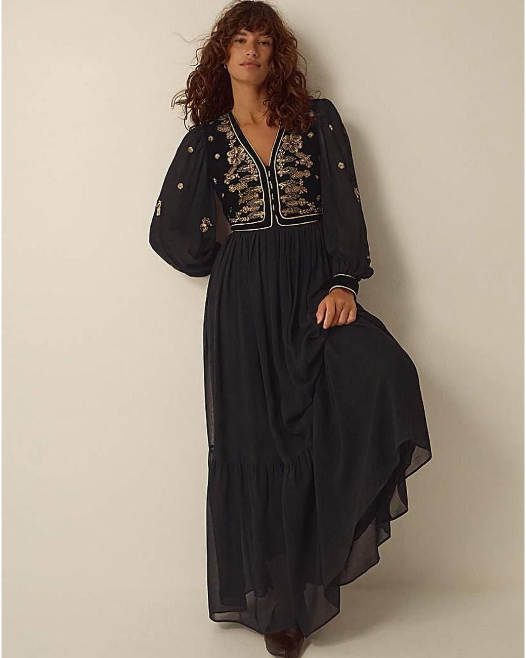 Monsoon Black Ella Floral Velvet Maxi Dress