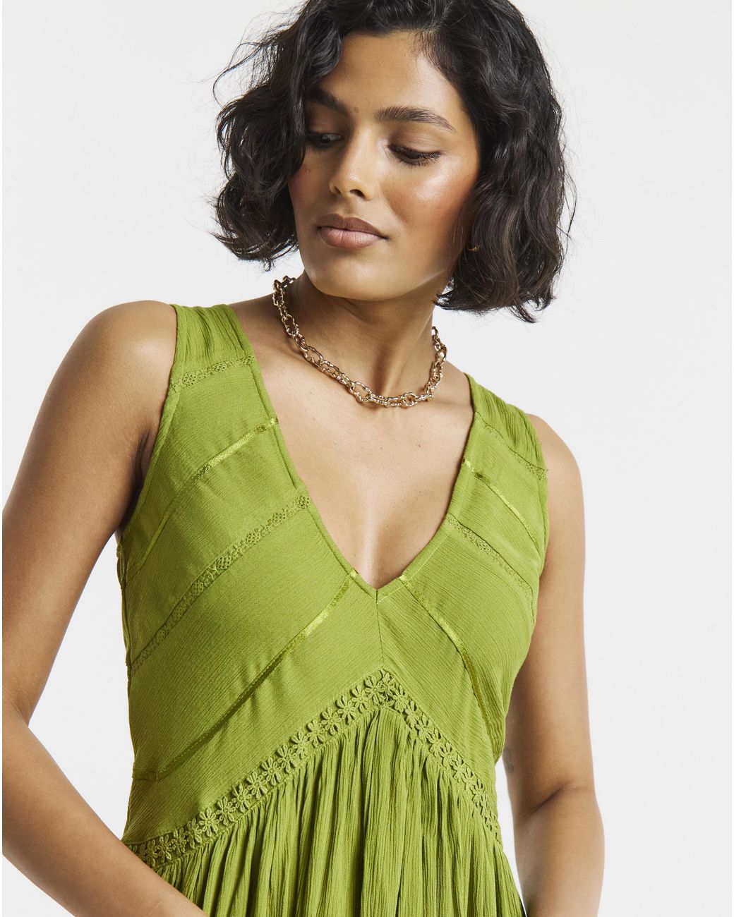 Simply Be Green Crinkle Smock Dress With Ladder Trim