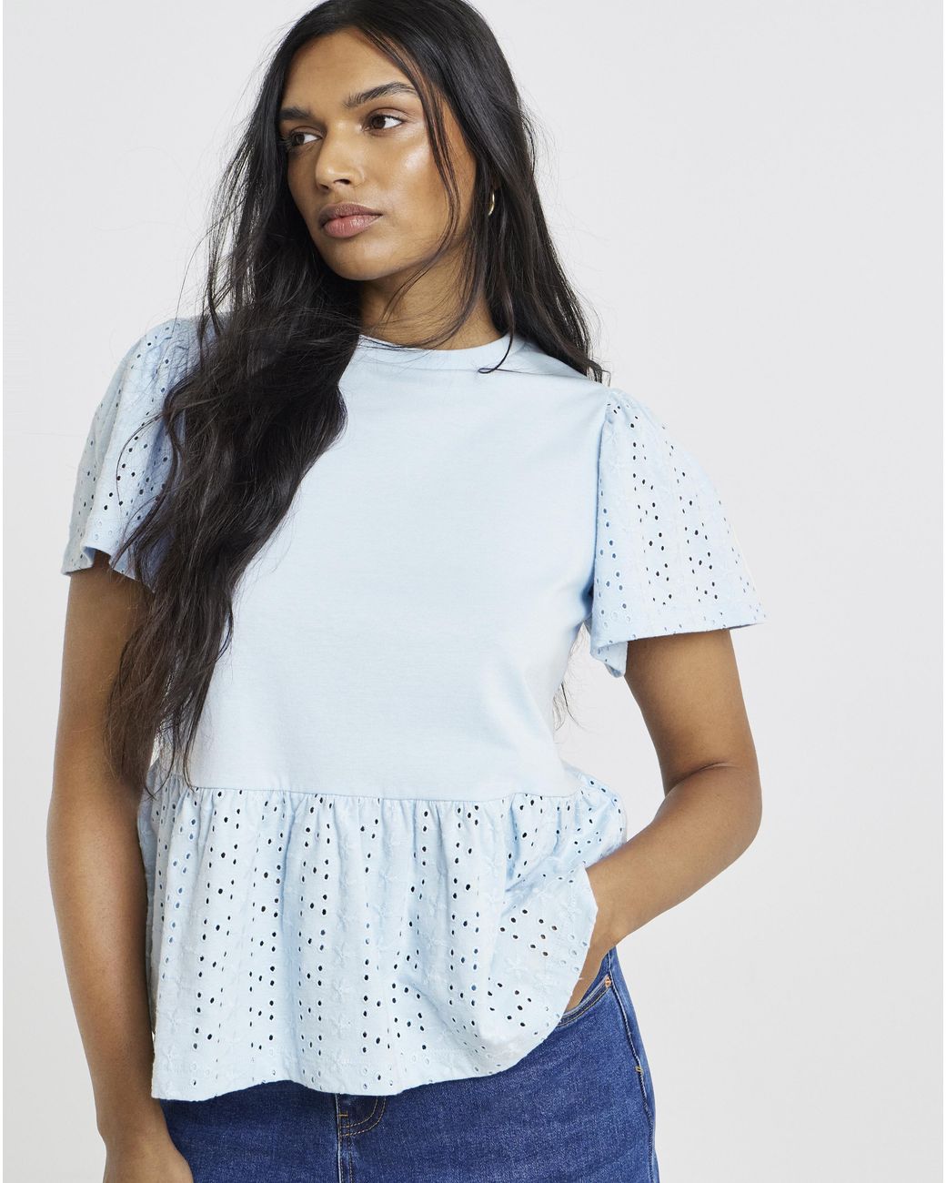 Simply Be Blue Crew Neck Peplum Broderie Top