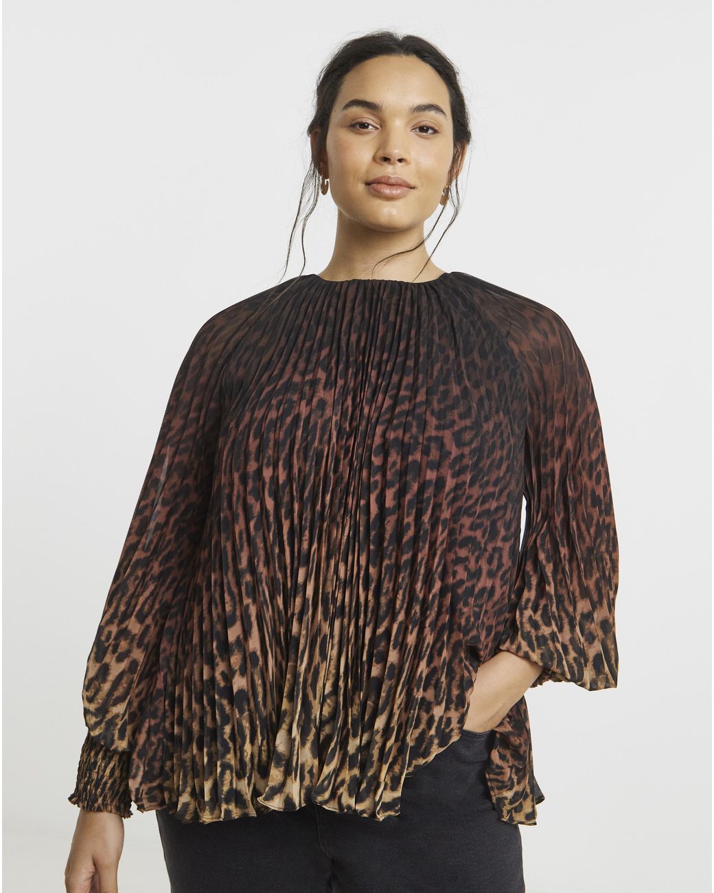 Joanna Hope Brown Pleated Chiffon Blouse