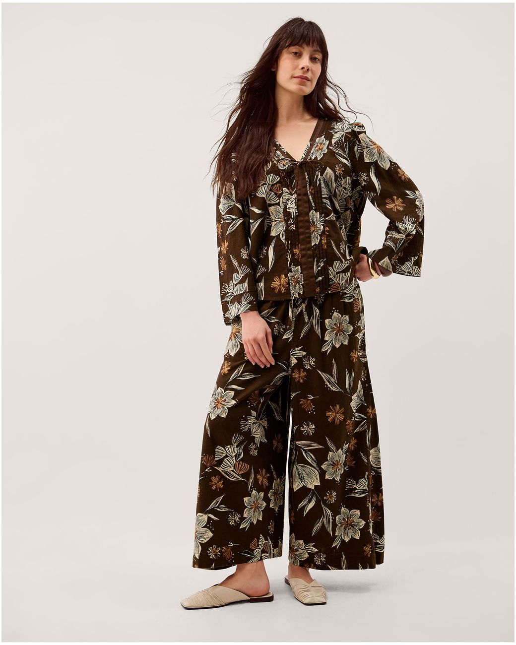 Monsoon Brown Esther Floral Linen Blend Top