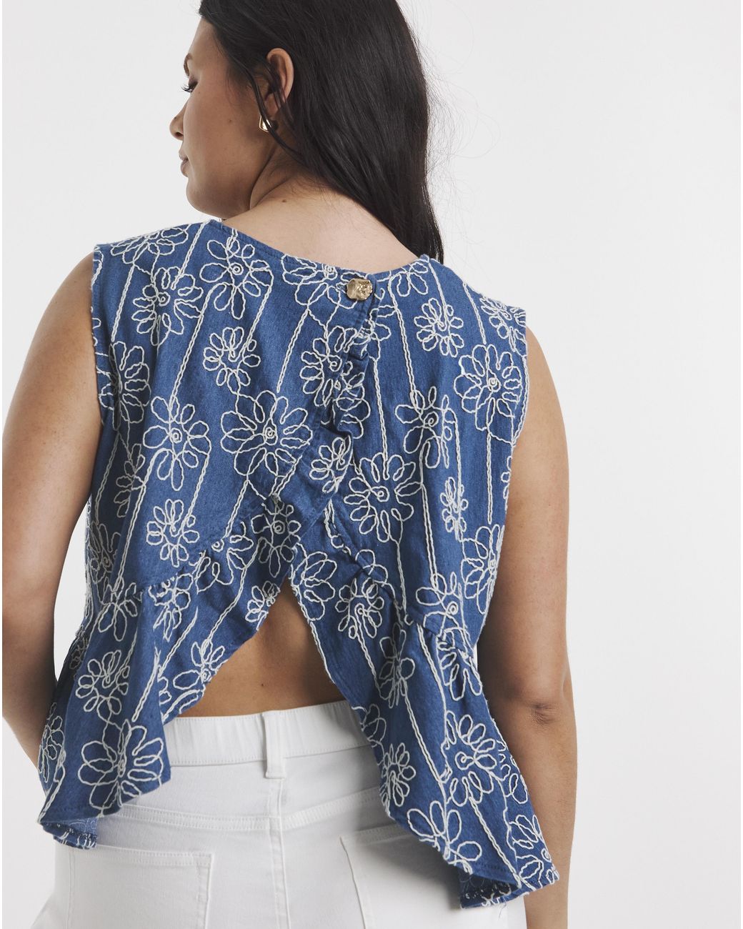 Simply Be Blue Floral Applique Denim Peplum Top