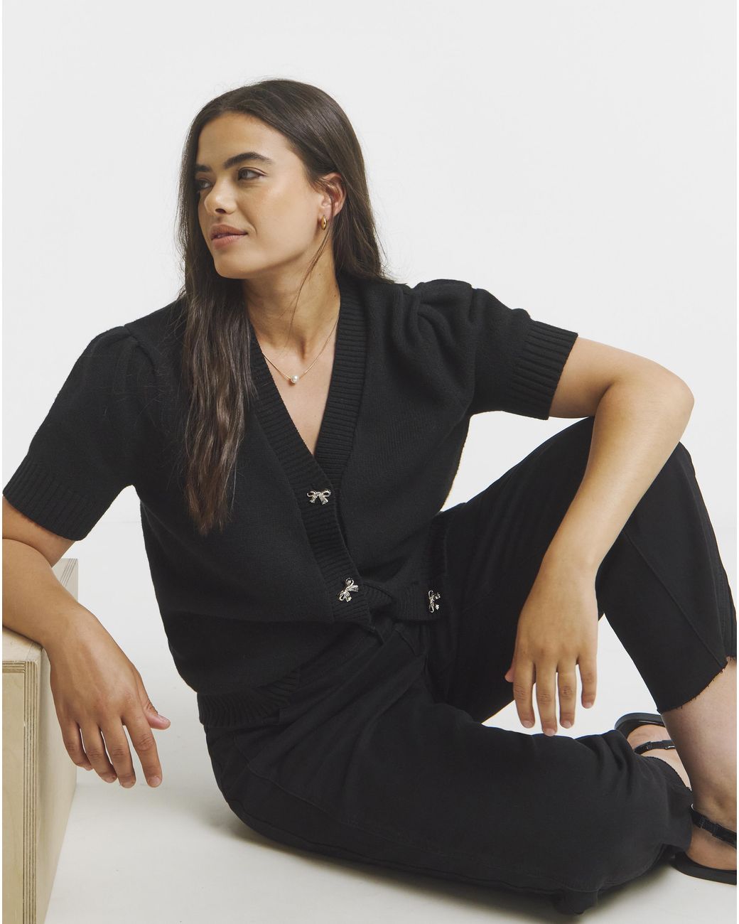 Simply Be Black Bow Button Short Sleeve Cardigan