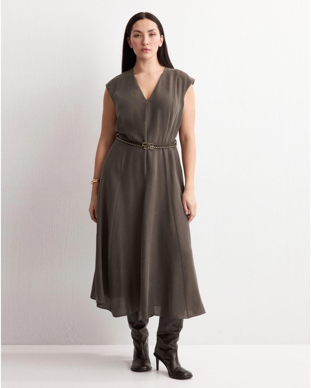 Mango Brown Double-Belt A-Line Dress