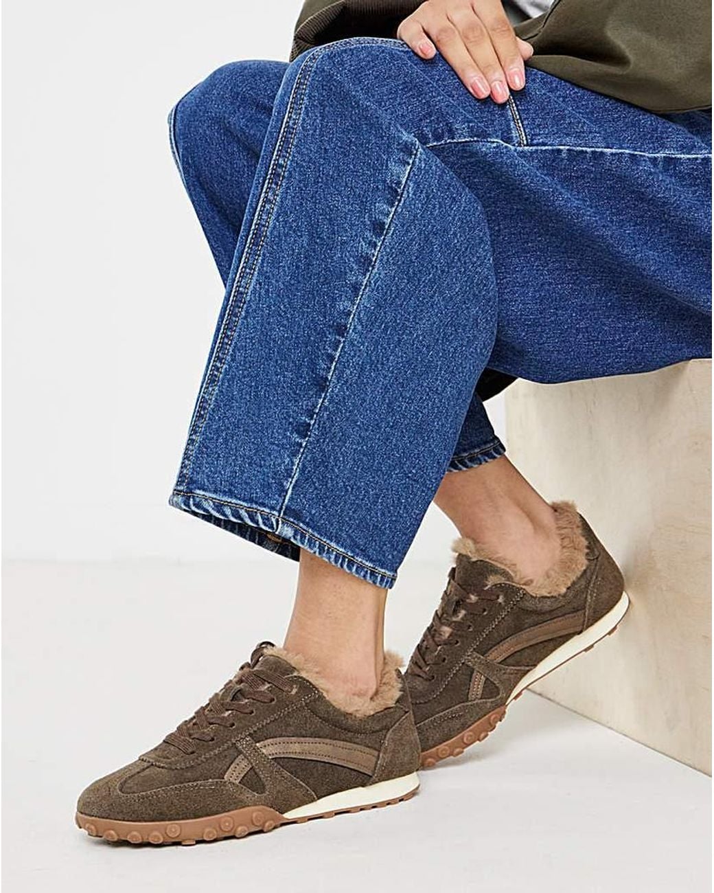 Simply Be Blue Fur Trim Suede Retro Trainer Wide